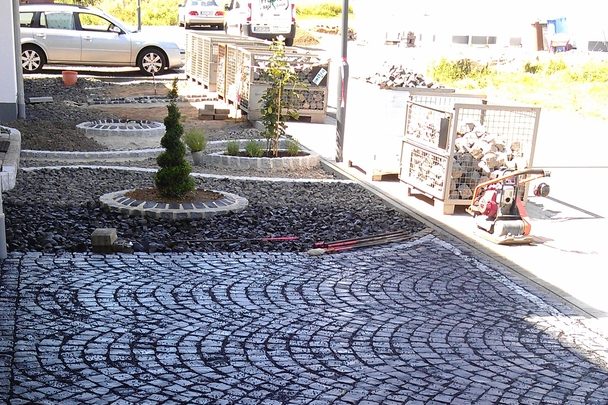 Pflasterfläche mit kleinen Bäumen und Parkplatz im Hintergrund.
